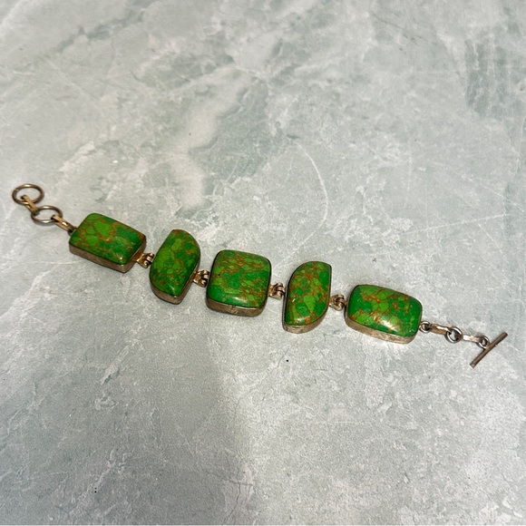 Green Turquoise Stone chunky bracelet with .925 silver hardware